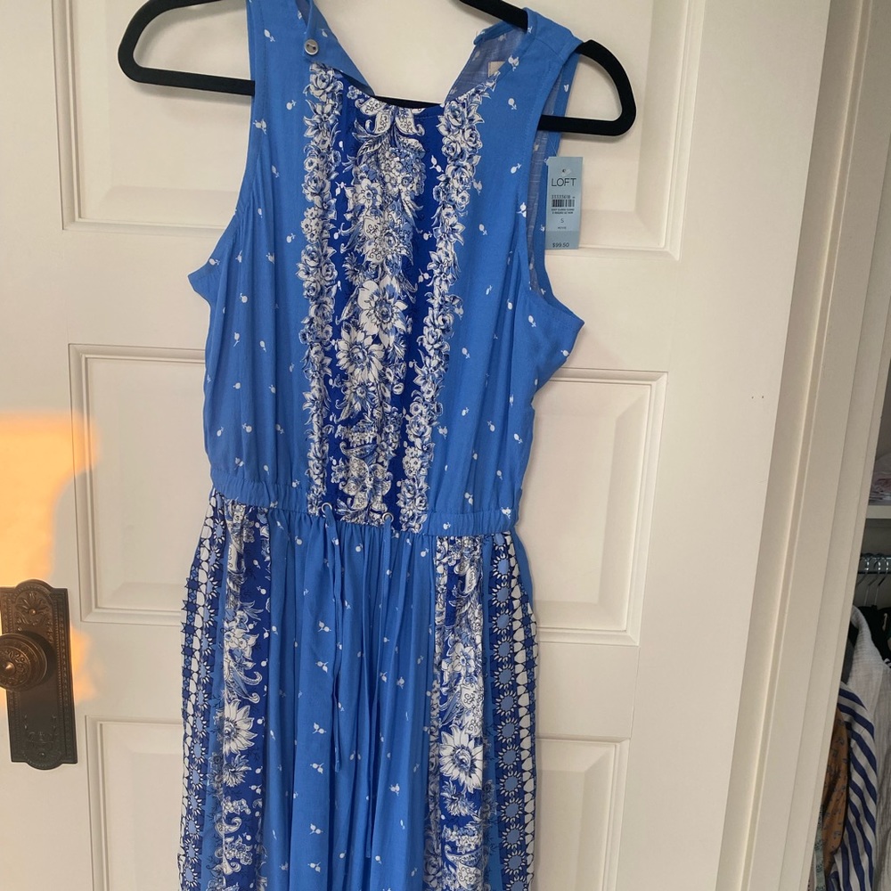 NWT LOFT Blue Floral Print Beach Dress with Back Cutout
